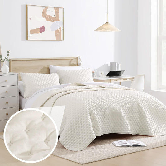 Ultrasonic Bubble Full/Queen 3PC Ultrasonic Microfiber Quatrefoil Quilt Set - Coconut Milk *Damaged Package*