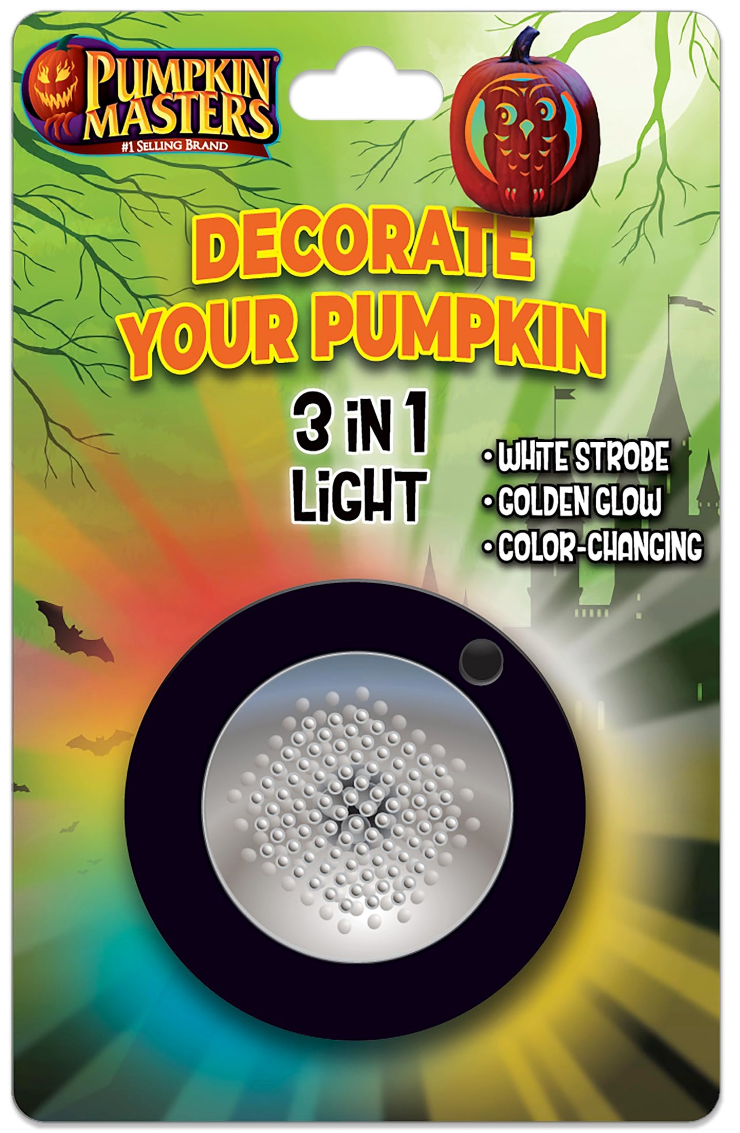 Pumpkin Masters Premium 3 in 1 Pumpkin Light – Versatile Pumpkin Lighting with White Strobe, Golden Glow, and Color Changing Effects, Batteries not Included