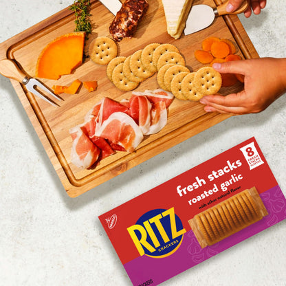 RITZ Fresh Stacks Roasted Garlic Crackers, Travel Snacks, 11.8 oz (8 Multi Snack Packs)