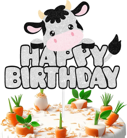 Cow Happy Birthday White Glitter Cake Topper Farm Animals Birthday Cow Cake Pick for Cow Theme Cake Decor Boys or Girls Birthday Decorations Party Supplies