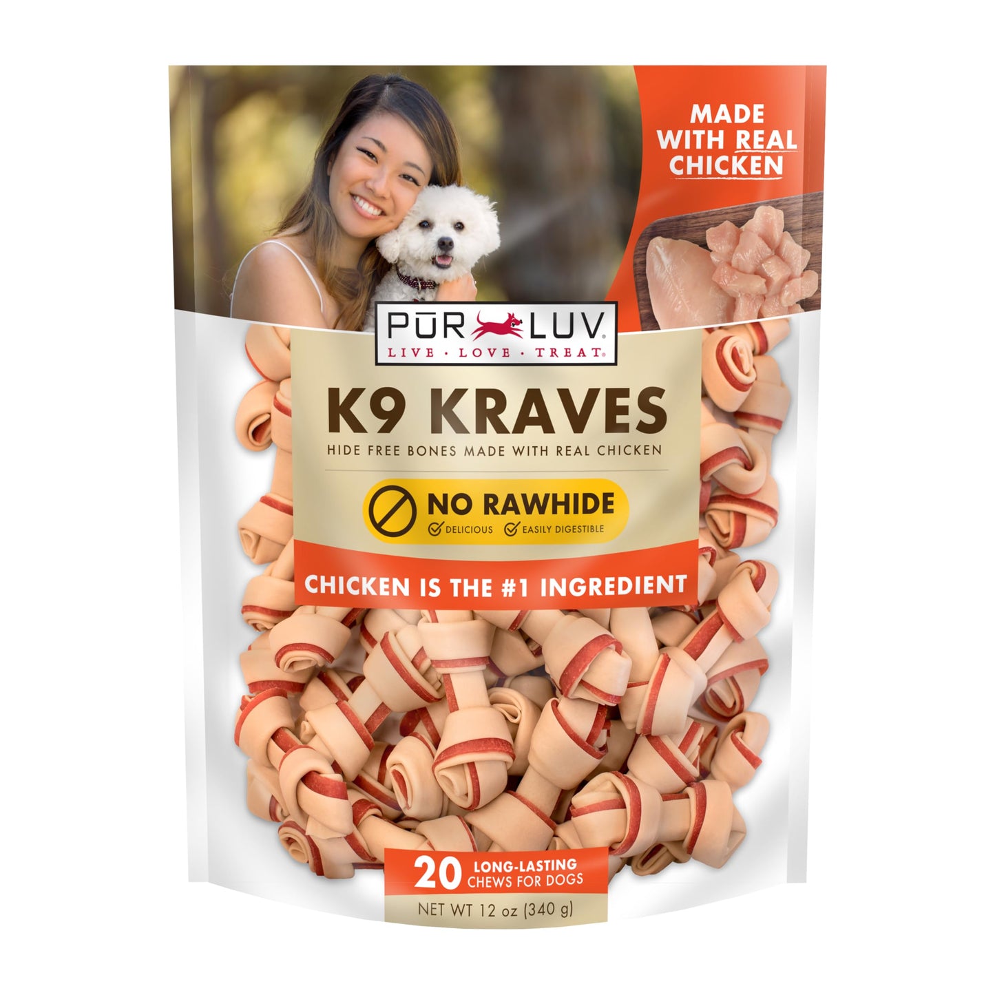 Pur Luv K9 Kraves Rawhide-Free Dog Treats Chicken 20ct (Best By 11/29/2026)