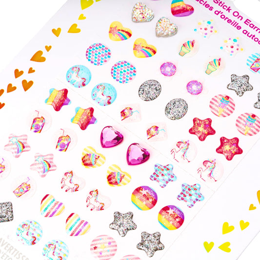 Claire’s Club Stick-On Earrings – 30 Pairs of Colorful 3D Hearts, Stars, and Unicorn Stick-On Earrings for Girls – Jewelry Set Perfect for Play Dress Up and Special Occasions