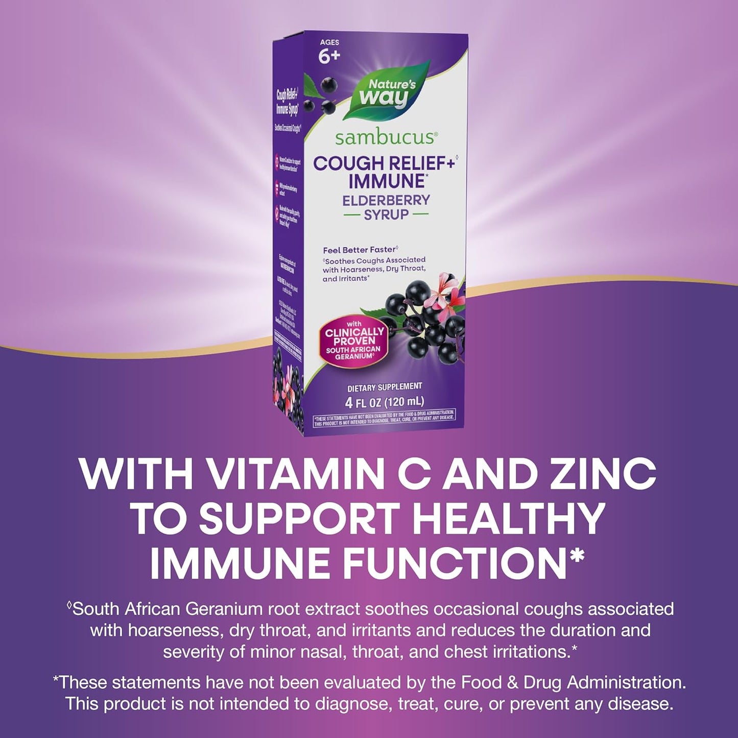 Nature's Way Sambucus Cough Relief +(1) Immune* Syrup, Feel Better Faster(1) Clinically Proven South African Geranium, with Elderberry Extract, Vitamin C & Zinc, Vegan, 4 Fl Oz (Packaging May Vary) *Exp 5/31/26*