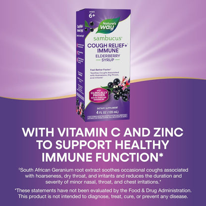 Nature's Way Sambucus Cough Relief +(1) Immune* Syrup, Feel Better Faster(1) Clinically Proven South African Geranium, with Elderberry Extract, Vitamin C & Zinc, Vegan, 4 Fl Oz (Packaging May Vary) *Exp 5/31/26*