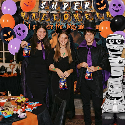 117 Pcs Halloween Decorations 5 Ft Jumbo Foil Balloon Happy Banner 60 Pcs Balloons Treat or Trick Goodie Bags Spider Bat Banner Foil Curtains Adult Party Supplies