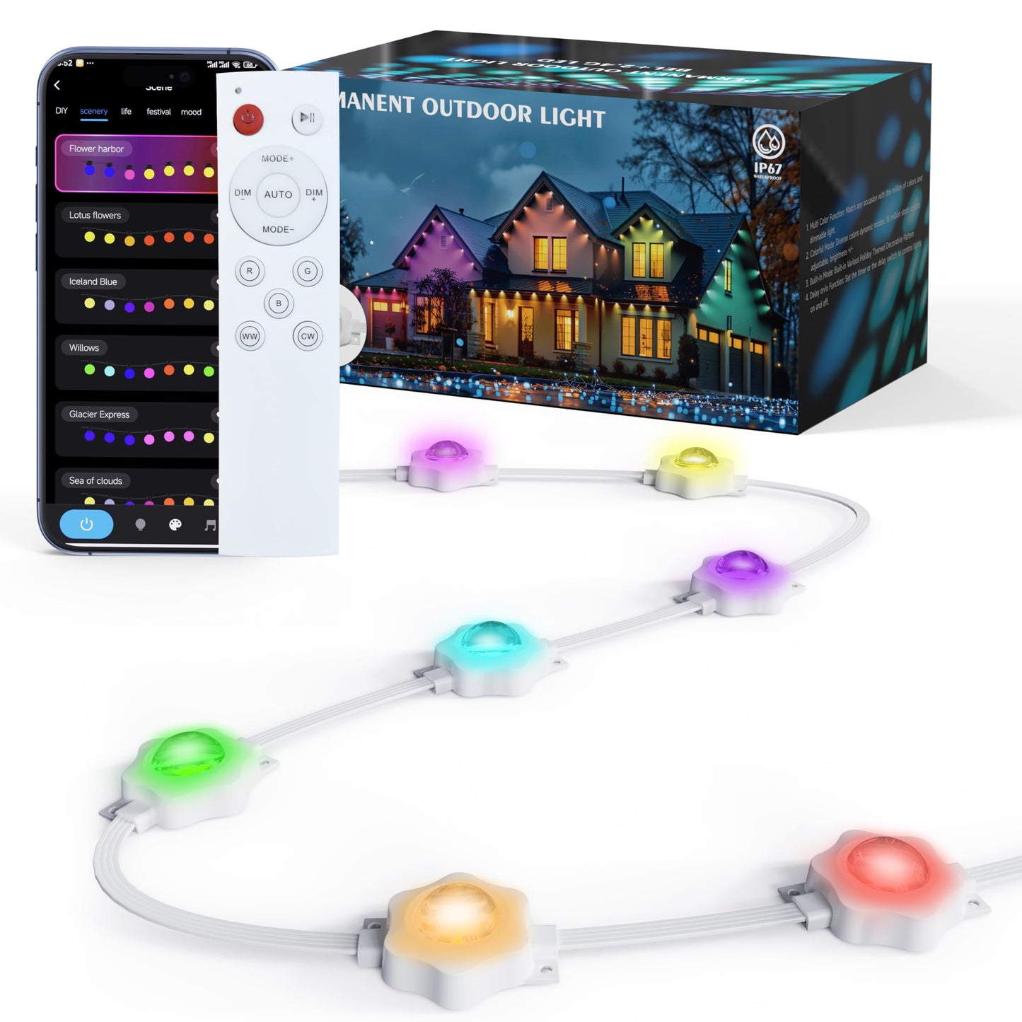 50Ft Permanent Outdoor Lights, IP67 Waterproof Smart Lighting, with App/Remote Control