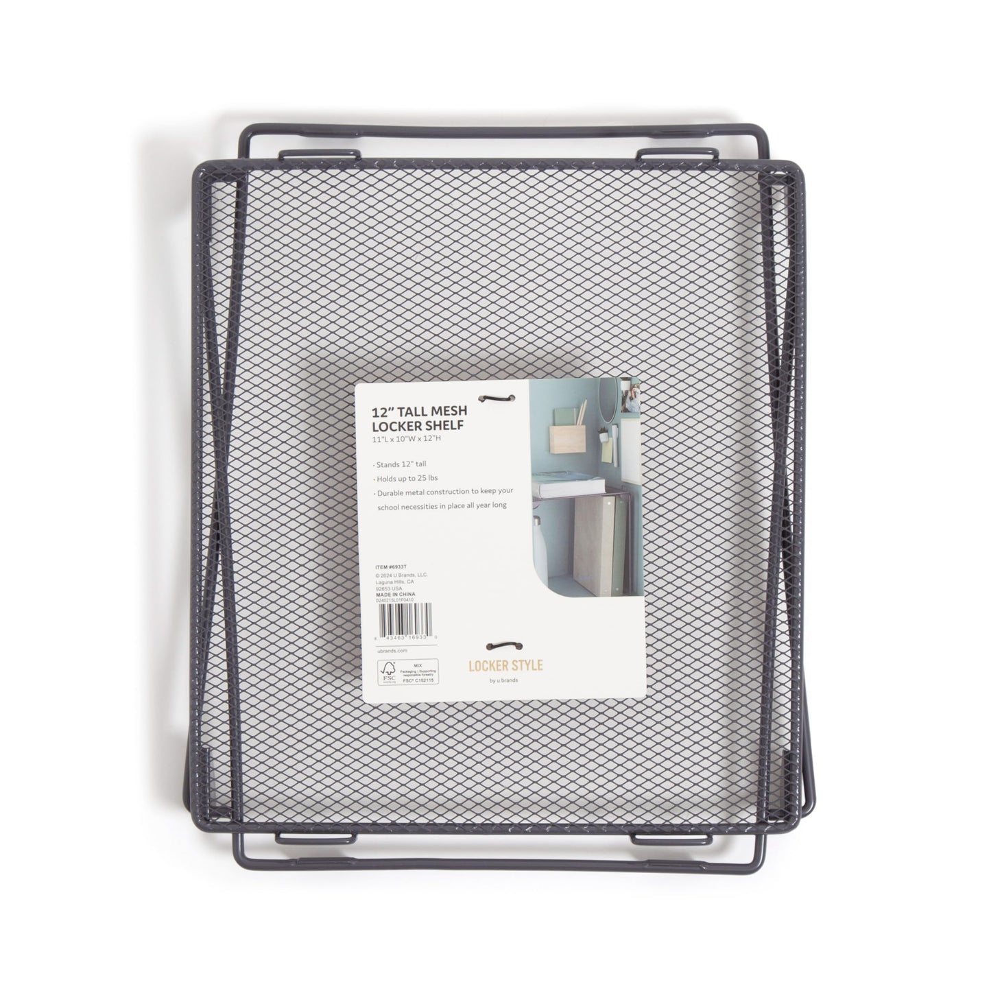 U Brands Mesh Locker Organizer Shelf, 11" x 10" x 12", Dusty Black, Back to School Essentials, Stackable, Fits Standard Size School Lockers