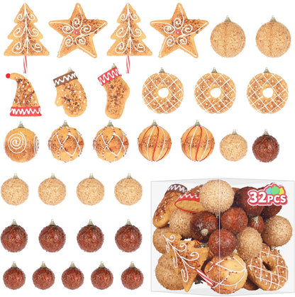 RoseCraft Baking Christmas Ornaments Set, 32PCS Artificial Shatterproof Christmas Tree Hanging Ball Gingerbread Decorations, for Indoor Home Holiday Party Xmas Vase Bowls Filler Centerpiece Decor **Damaged Box**