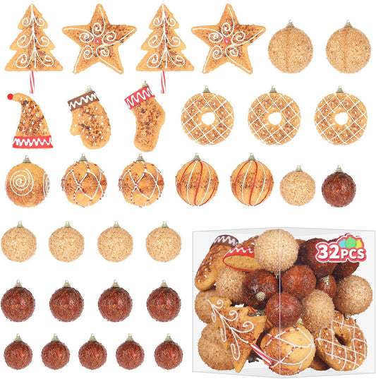 RoseCraft Baking Christmas Ornaments Set, 32PCS Artificial Shatterproof Christmas Tree Hanging Ball Gingerbread Decorations, for Indoor Home Holiday Party Xmas Vase Bowls Filler Centerpiece Decor **Damaged Box**