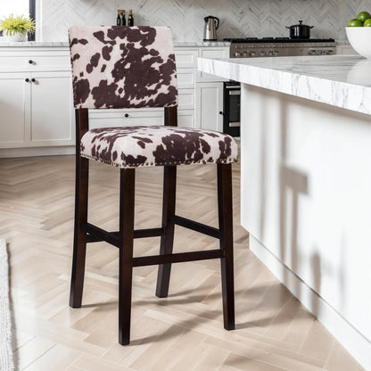 Cow Print Bar Stool with Frame in Dark Espresso Wood