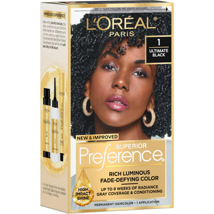 L'Oreal Paris Superior Preference Fade-Defying Shine Permanent Hair Color, 1 Ultimate Black