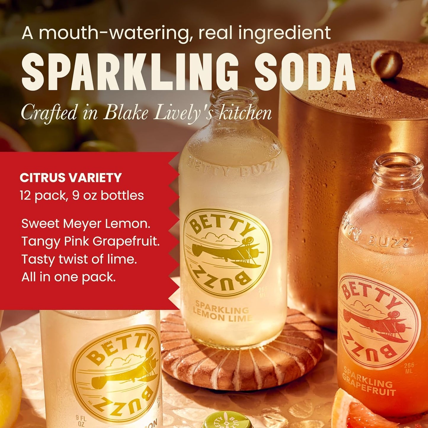 Betty Buzz Premium Sparkling Soda Citrus Variety Pack (12 pack), Sparkling Grapefruit, Sparkling Lemon Lime, Meyer Lemon Club Soda | Real Juice, Natural Flavors, Only Clean Ingredients *Exp 12/3/25* *Open Box*