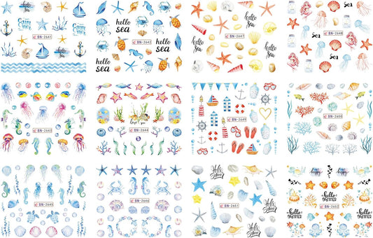 Ocean Nail Art Stickers Sea Shell Starfish Jellyfish Seahorse Conch Cute 3D Water Transfer Nail Design Sticker Marine Life Nail Decals Summer Nail Art Accessories for Women Girls Nail Decorations