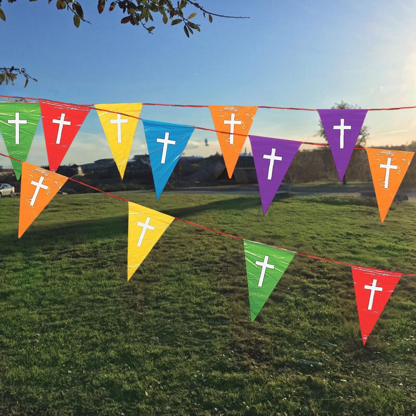 Rainbow Plastic Religious Pennant Banner - (100 ft.) 1 Piece - Vibrant and Eye-catching Decor for Church Parties