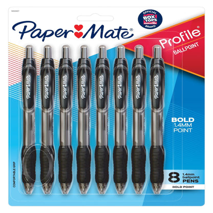 Paper Mate® Profile Retractable Ballpoint Pens, Bold Point, 1.4 mm, Clear Barrel, Black Ink, Pack Of 8 Pens