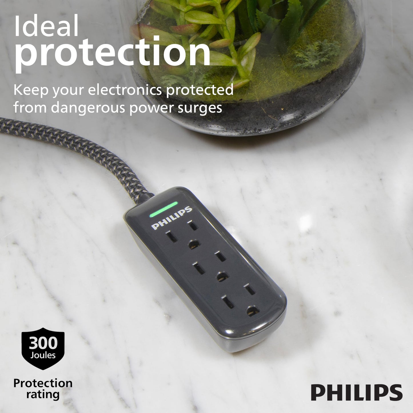 Philips 3-Outlet Flat Plug Extension Cord 8 Ft