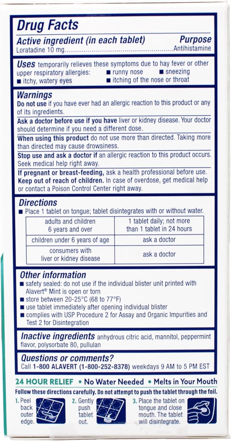 Alavert Allergy 24 Hour Relief, Fresh Mint Flavor, Orally Disintegrating Allergy Tablets, Non-drowsy Antihistamine, Loratadine 10mg, 60 Count *Exp 2/27*