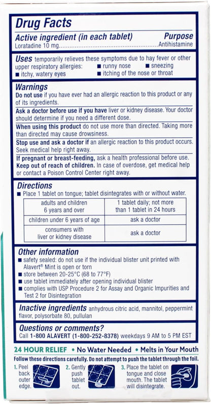 Alavert Allergy 24 Hour Relief, Fresh Mint Flavor, Orally Disintegrating Allergy Tablets, Non-drowsy Antihistamine, Loratadine 10mg, 60 Count *Exp 2/27*