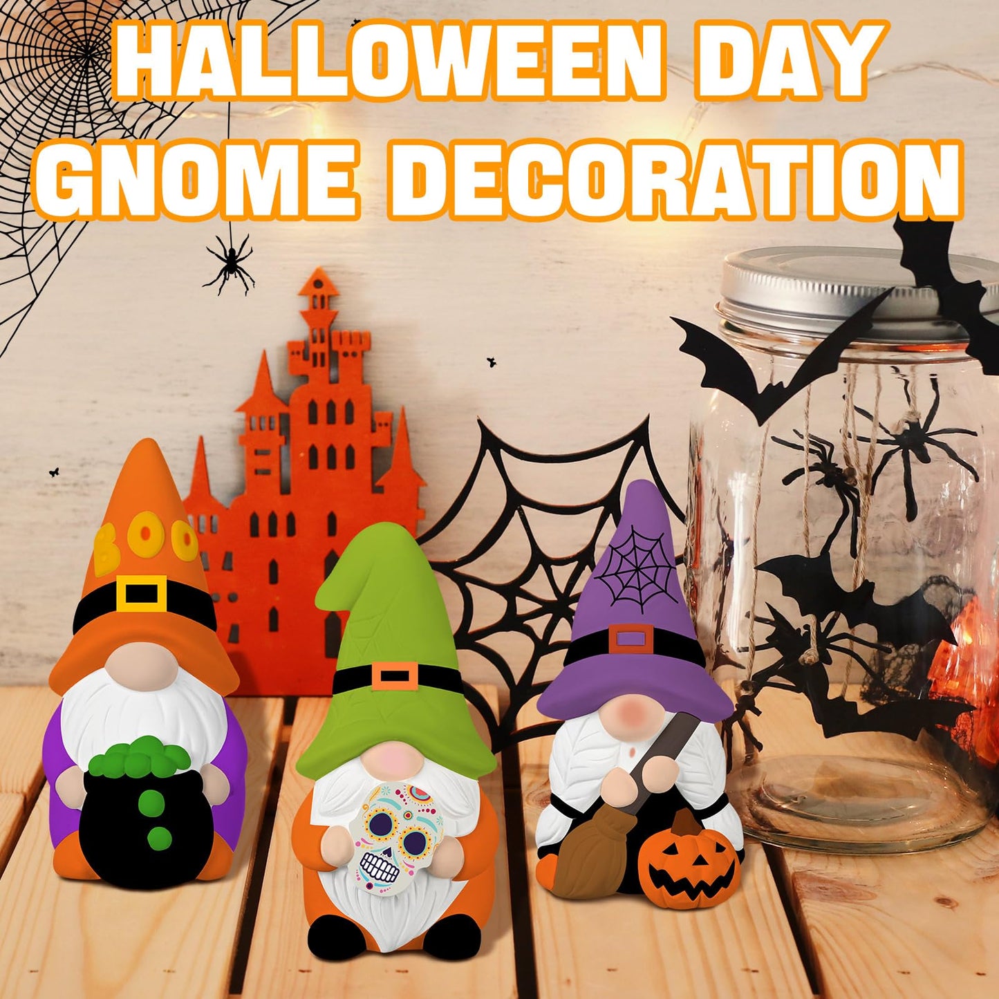 3 Pack Gnome Figurines, Halloween DIY Ceramic to Paint Craft Kit