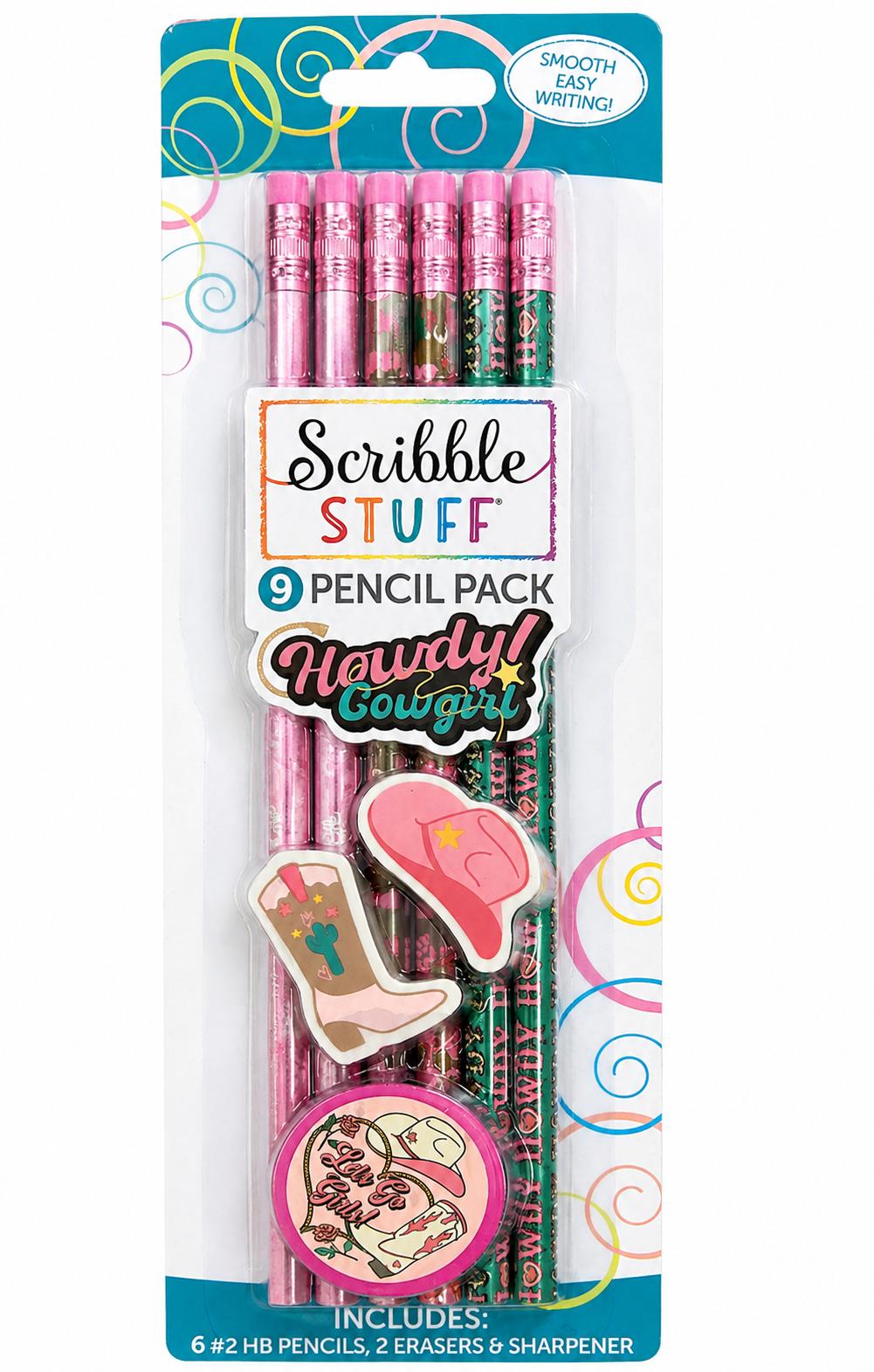 Scribble Stuff Howdy Cowgirl 9 Pencil Pack with Erasers and Sharpener