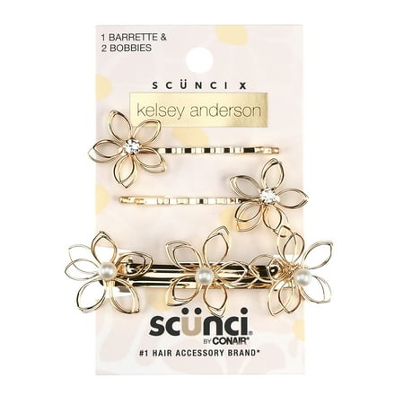 Scunci x Kelsey Anderson Crystal-Embellished Flower Bobby Pins & Barrette, Gold Tone, 3 Count