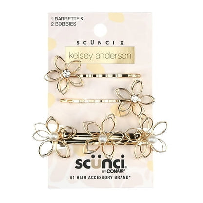 Scunci x Kelsey Anderson Crystal-Embellished Flower Bobby Pins & Barrette, Gold Tone, 3 Count