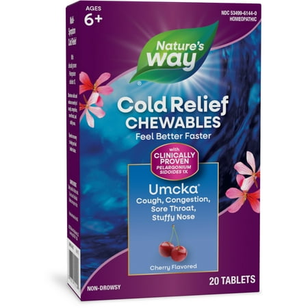 Nature's Way Cold Relief Chewable Tablets, Umcka, Multi-Symptom Cold Relief, Cherry Flavored, 20ct *Exp 11/2025*