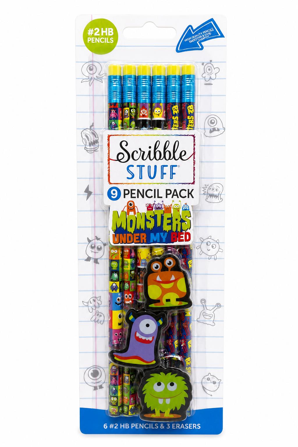 Scribble Stuff Monsters Under My Bed Pencil & Eraser Set 6 HB Pencils 3 Erasers