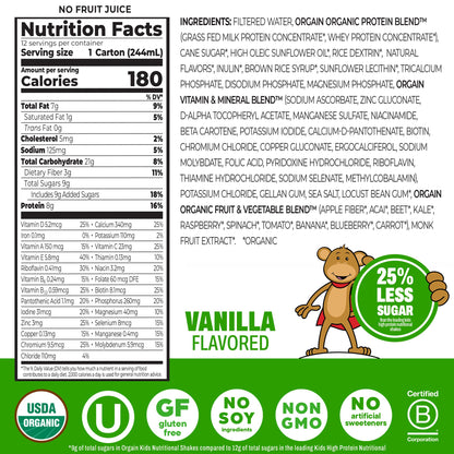 Orgain Kids Nutritional Protein Shakes Vanilla 8.25oz 12pk (Exp. 12/14/2026)