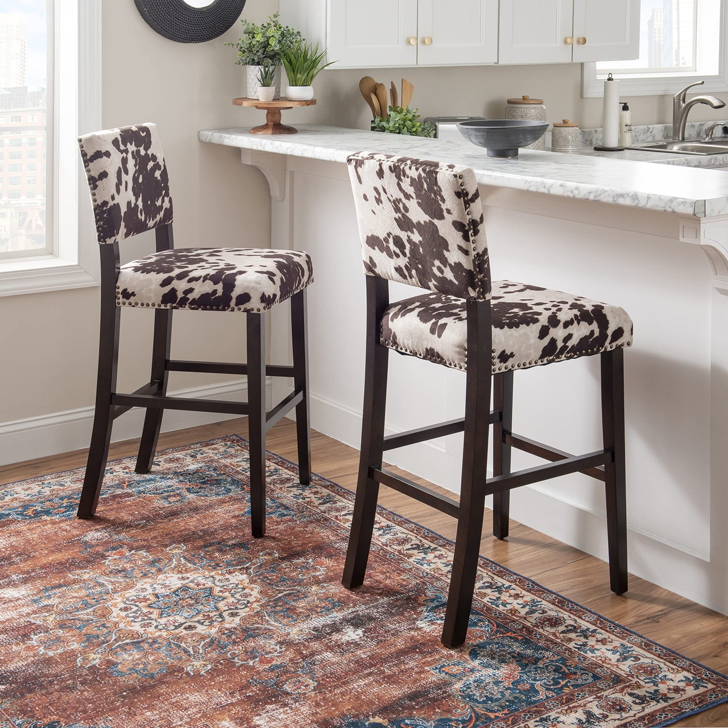Cow Print Bar Stool with Frame in Dark Espresso Wood