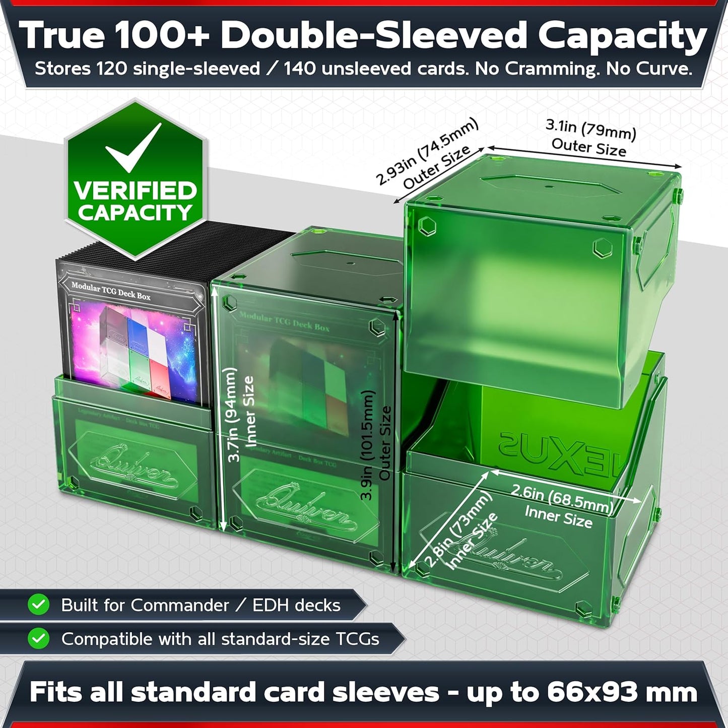 Quiver Time 360  Modular Nexus DeckBlock - Durable Stackable MTG Deck Box for Commander fits 100+ Cards | Stylish 100 Card Deck Box MTG | Interchangeable TCG Decks Boxes (1 pcs, Green)