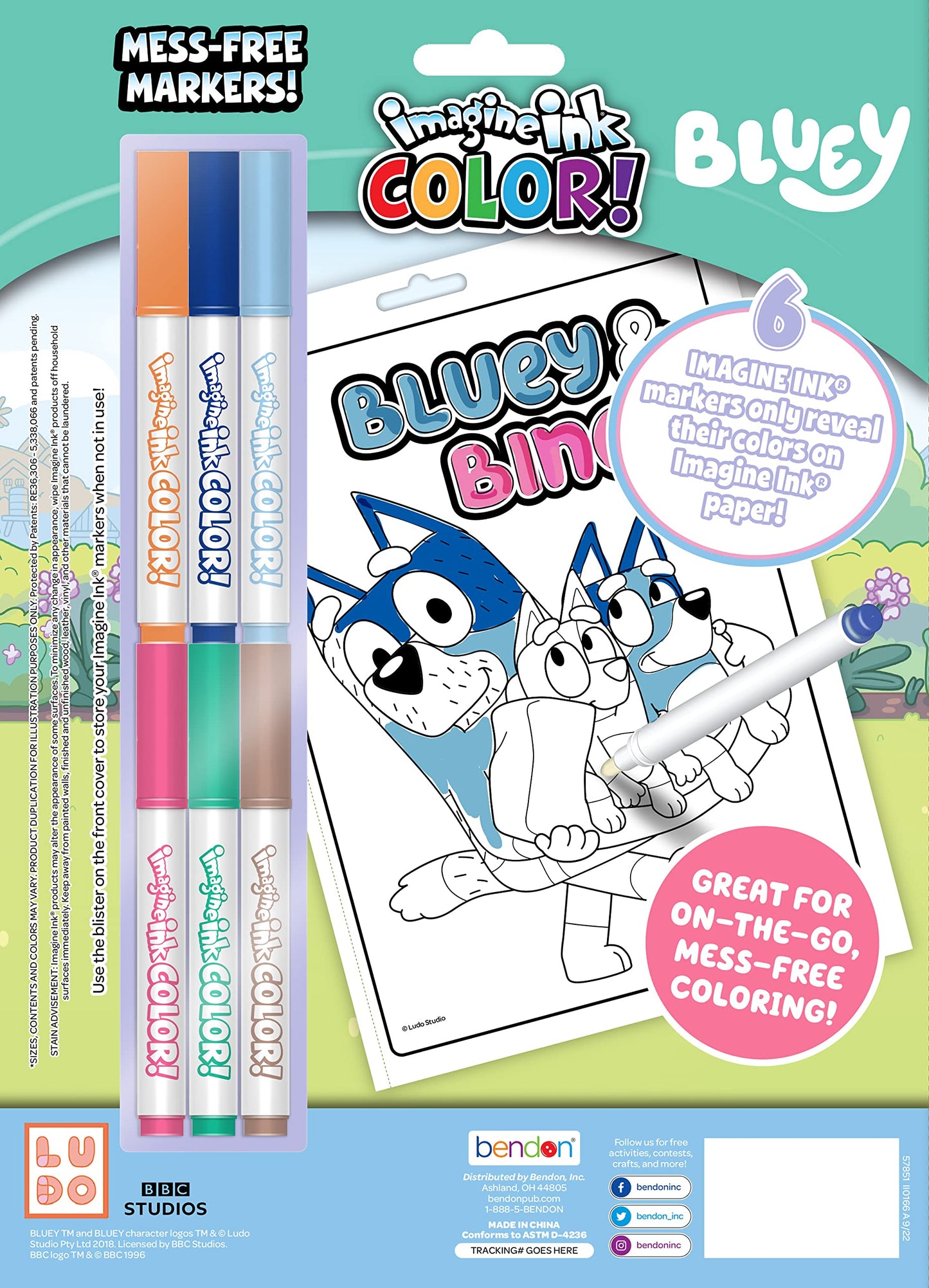 Bendon Inc. Bluey 16 Page Imagine Ink Coloring Book with 6 Mini Mess Free Markers, 57851