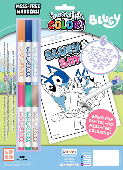 Bendon Inc. Bluey 16 Page Imagine Ink Coloring Book with 6 Mini Mess Free Markers, 57851