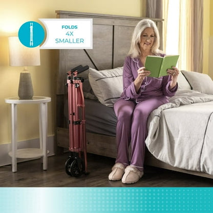 Stander Space Saver Walker, Lightweight Folding Walker for Seniors, Adult Walker with Wheels, Two Wheeled Rolling Walker with Rear Ski Glides, Black Walnut