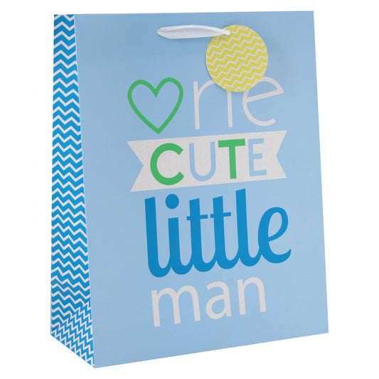 Medium 'One Cute Little' Baby Shower Gift Bag Blue - Spritz : Baby Boy Gift Bag, Typography Pattern, 12.75 Height