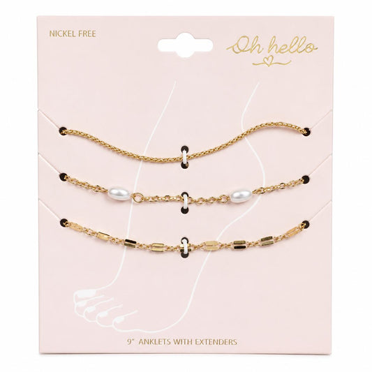 Oh Bello Nickel-Free Gold-Tone 3-Piece Anklet Set