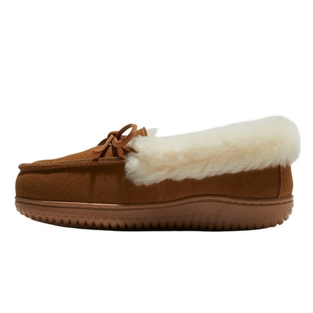 Women's 8 Dluxe By Dearfoams Shearling Moc with Fur Casing Slippers Chestnut Brown