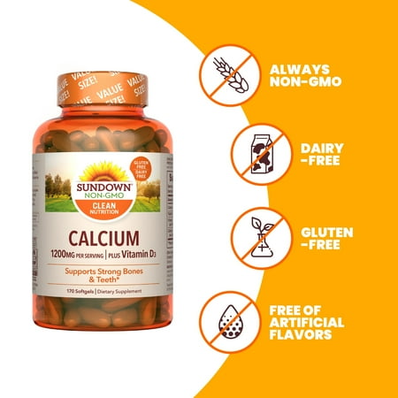 Sundown Calcium 1200 mg Plus Vitamin D3, Supports Bone, Teeth, Immune Health 170 ct *Exp 01/2026*