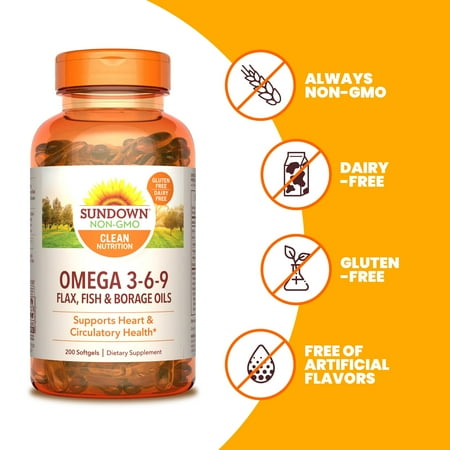 Sundown Omega 3-6-9 Flax, Fish, Borage Oils, Heart and Circulatory Health, 200 ct *Exp 01/2026*
