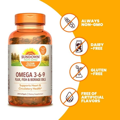 Sundown Omega 3-6-9 Flax, Fish, Borage Oils, Heart and Circulatory Health, 200 ct *Exp 01/2026*