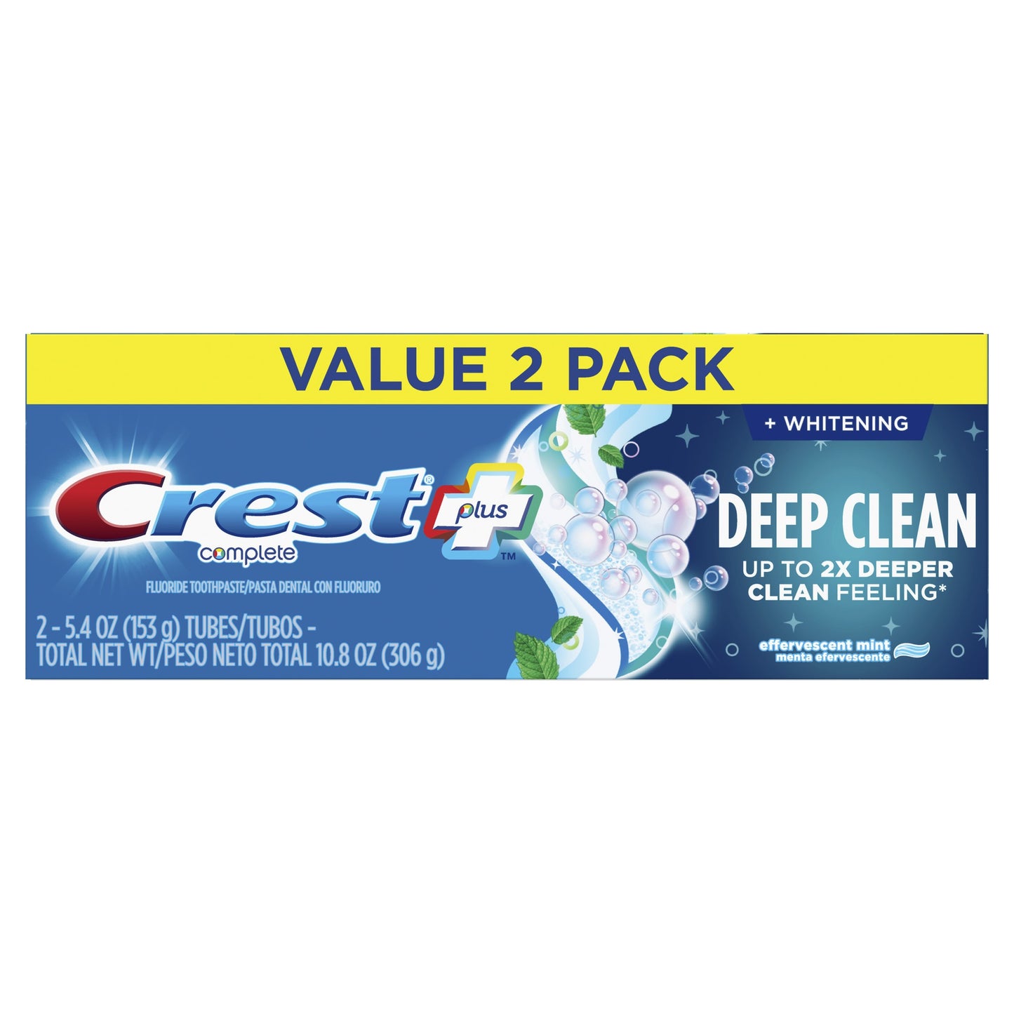 Crest + Deep Clean Complete Whitening Toothpaste, Effervescent Mint 2 - 5.4 Oz Tubes *DAMAGED BOX* *EXP 10/2027*