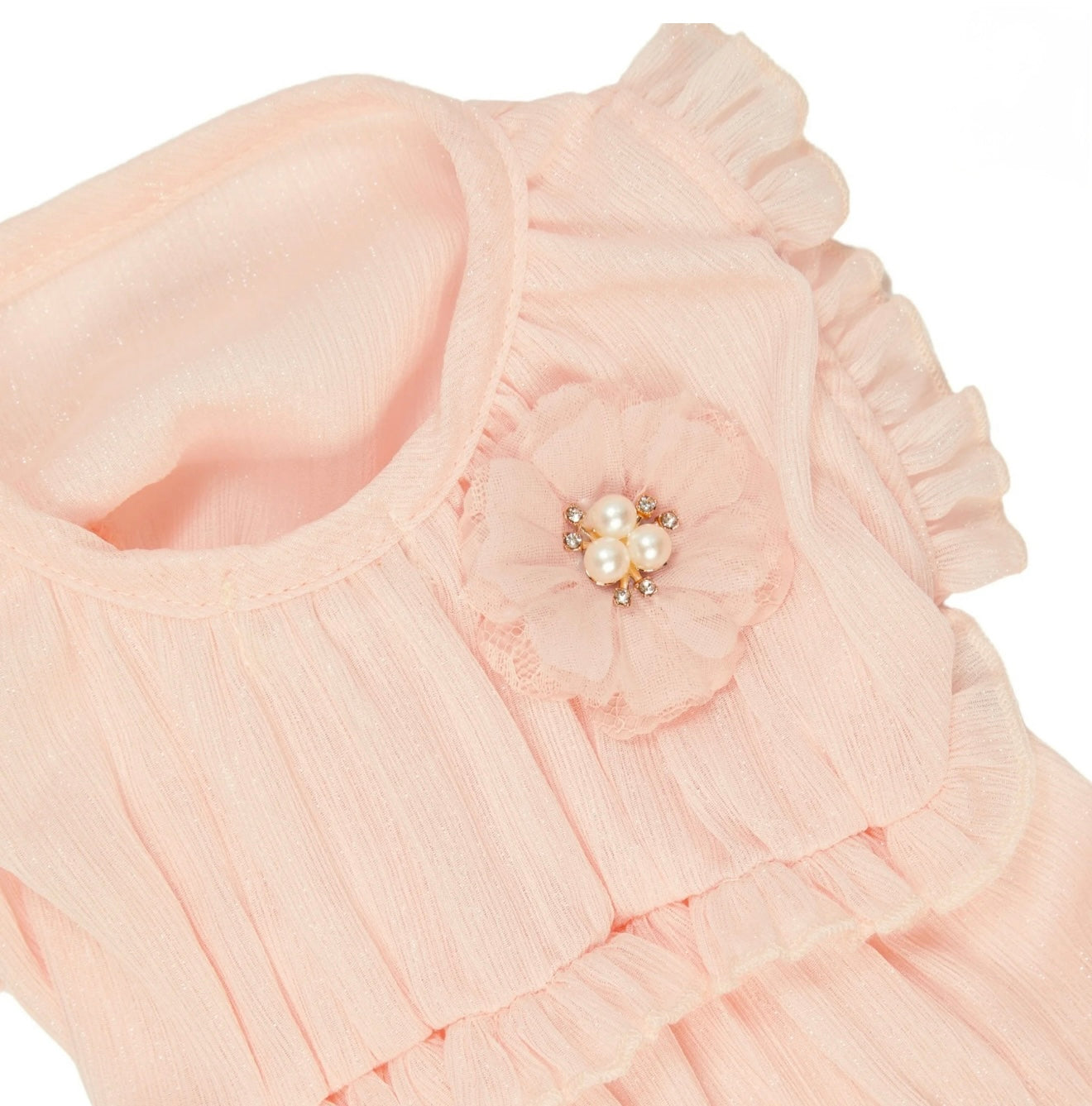 Elegant Blush Ruffle Dog Dress with Pearl Flower Accent **SIZE - MEDIUM**