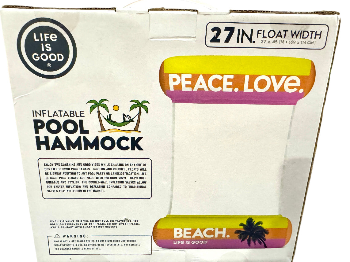 Life Is Good Peace Love Beach 27" Float Width Pool Hammock Inflatable **DAMAGED PACKAGE**