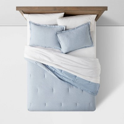 Full/Queen Cotton Linen Chambray Comforter & Sham Set Blue - Woven Bedding Sets *Damaged Packaging All Contents Included*