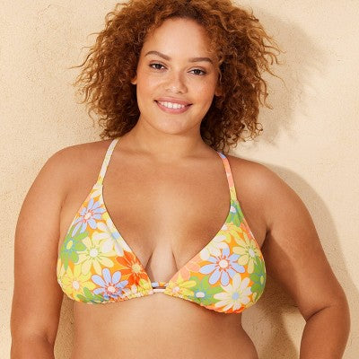 Women's Size 14/16 Floral Print Triangle Bikini Top - Wild Fable Yellow/Orange/Green X: Crisscross Back, Sewn-in Cups