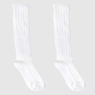 Girls' Size M(9-2.5) Casual Knee High Socks - Cat & Jack 2pk White : Polyester Banded Cuff