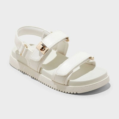Women's 8.5 Jonie Footbed Sandals - A New Day Off-White 8.5: Hook and Loop Closure, Open Round Toe, Faux Leather, Medium Width