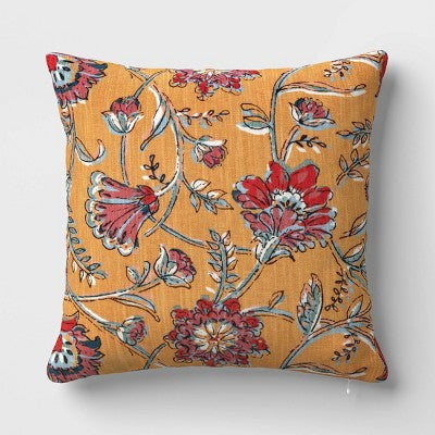 Square Floral Reversible Throw Pillow with Block Print Yellow - Threshold 18 x 18 Inch
