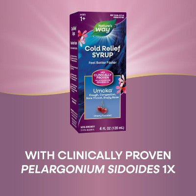 Nature's Way Cold Relief Syrup - Umcka - Cherry Flavored - 4 fl oz *Exp 10/31/25* *Damaged Box* *Exp 6/30/26* *Packaging May Vary*
