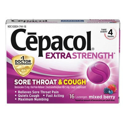 Cepacol Extra Strength Sore Throat & Cough Lozenges - Benzocaine - Mixed Berry - 16ct *Exp12/2026* *Damaged Box*